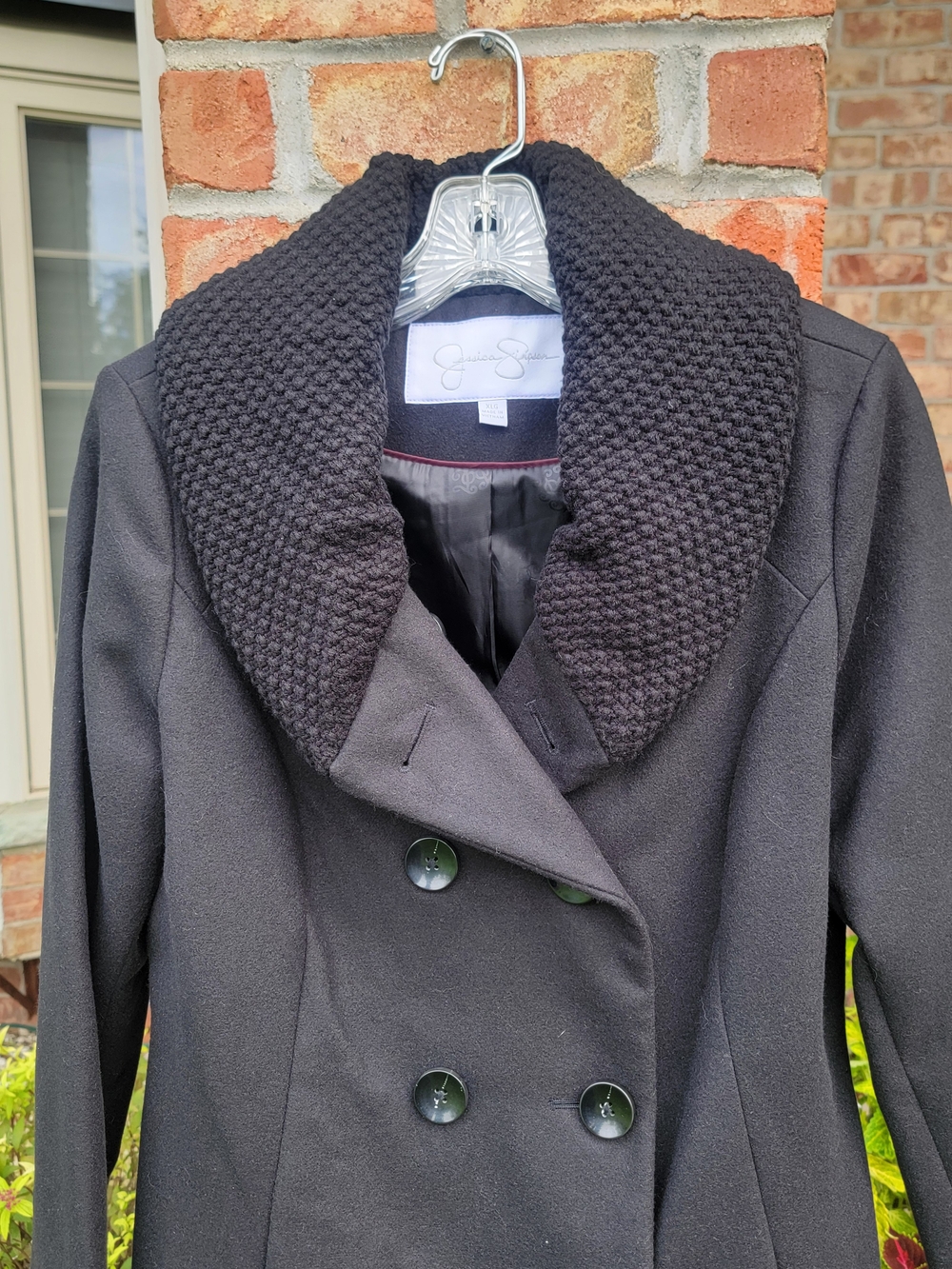 Jessica Simpson Long Black Double-Breasted Pea Coat with Textured Shawl Collar - Picture 4 of 10